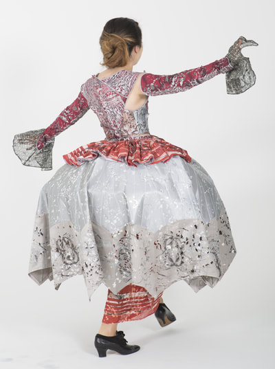 Costume for Marenka in the Bartered Bride; Designed, printed and constructed by Laura. Circus inspired 17th century silhouette: 2 skirts, bodice and detachable sleeves. Performer: S. P. Wilkinson